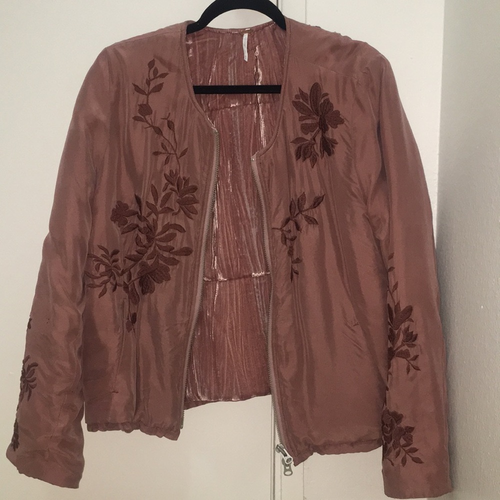 Free People Silk Embroidered Pink Bomber Jacket